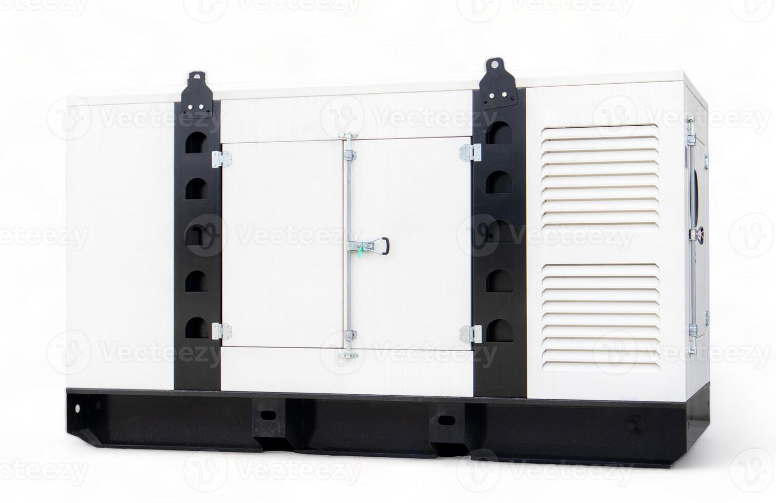 Mobile and standby industrial white auxiliary diesel generator for emergency power supply isolated on a white background. Generator backup power. For emergency use of electricity. photo