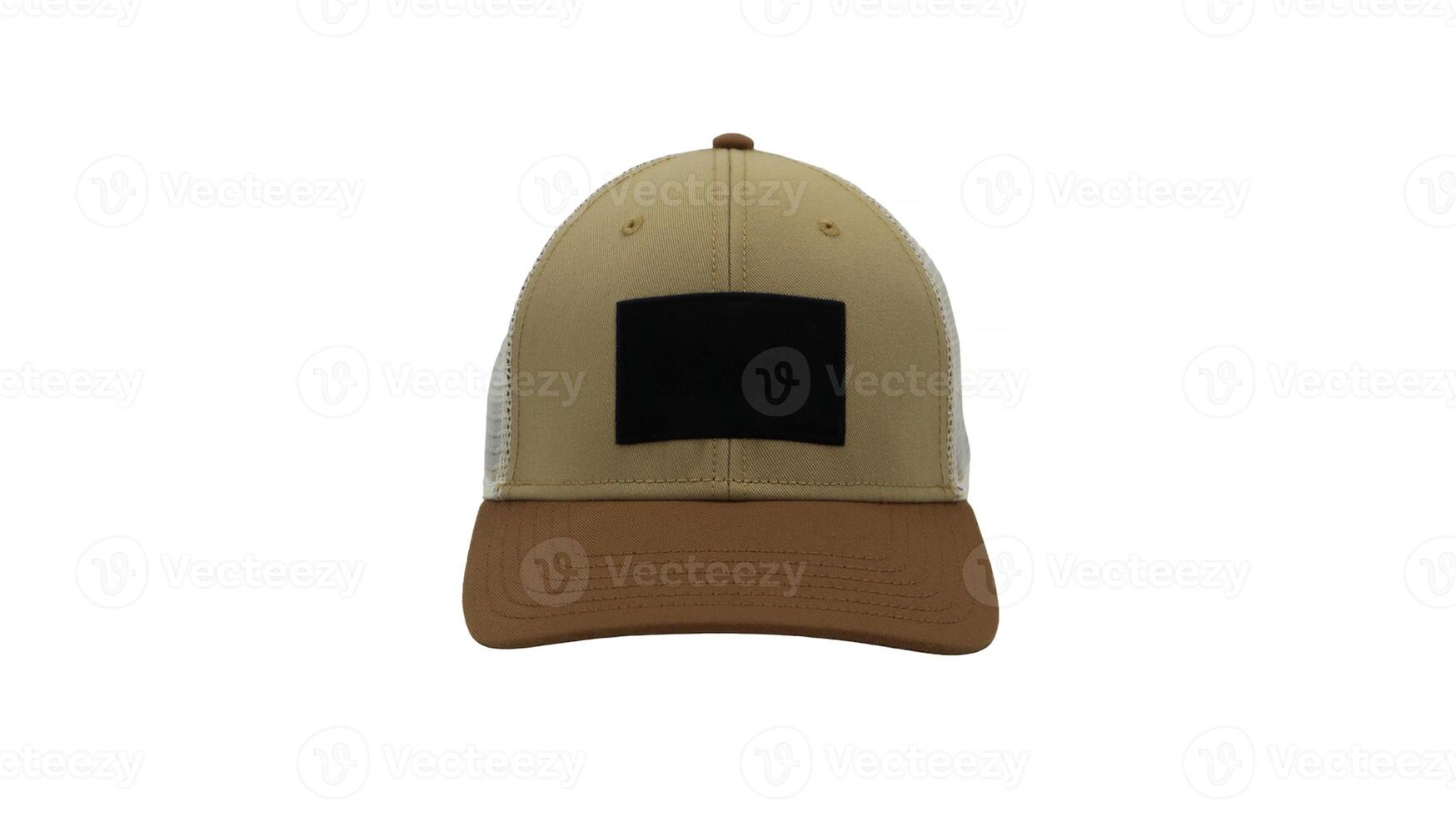 Basic baseball cap with mesh isolated on white background. Summer headdress in white, brown and beige. Mockup for your design, branding. A fashionable accessory with a large visor. Front view. photo