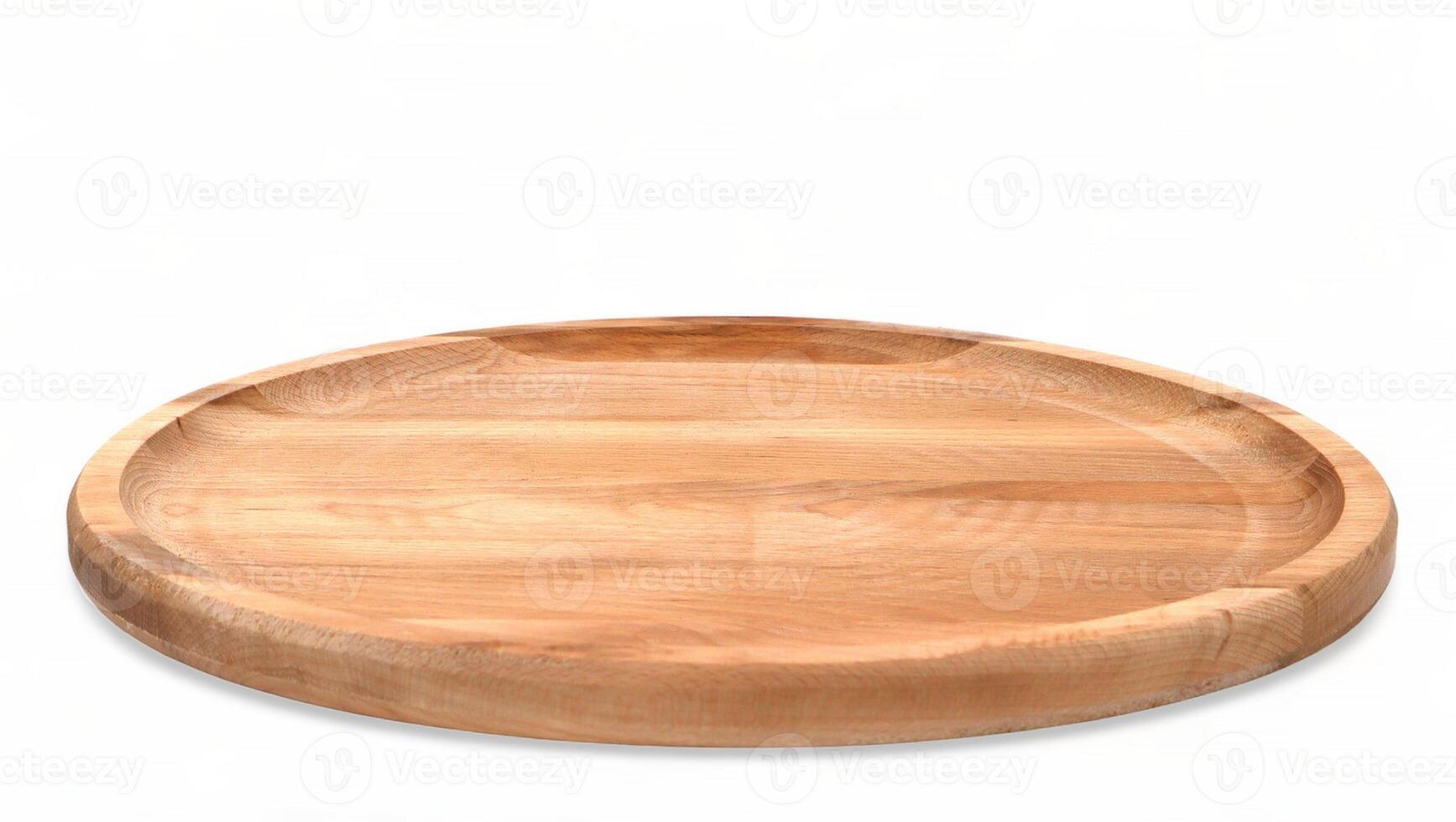 vacío redondo de madera plato con lados en un blanco antecedentes de cerca. espacio para marca, texto o menú. negocio comida marca modelo. disposición. Cocinando alimento. culinario antecedentes. foto