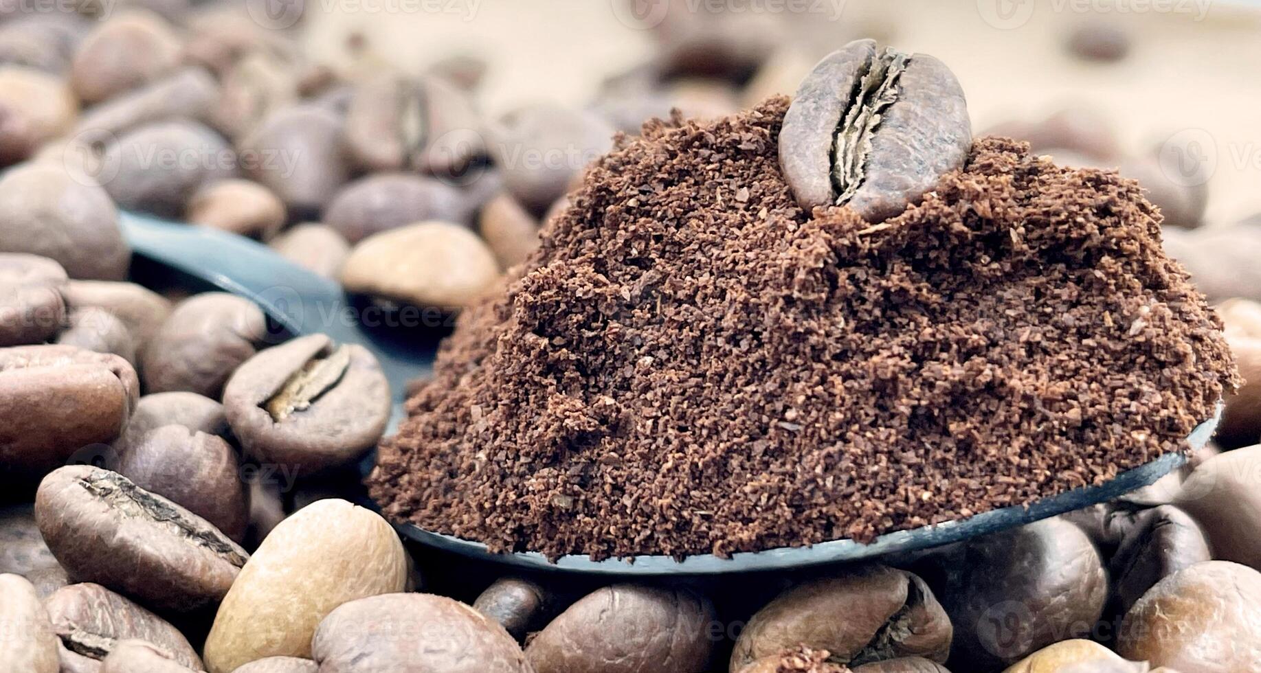 Against the background of roasted aromatic coffee beans lies a metal spoon filled with ground coffee. A drink made from roasted and ground beans from the coffee tree or coffee bush. photo