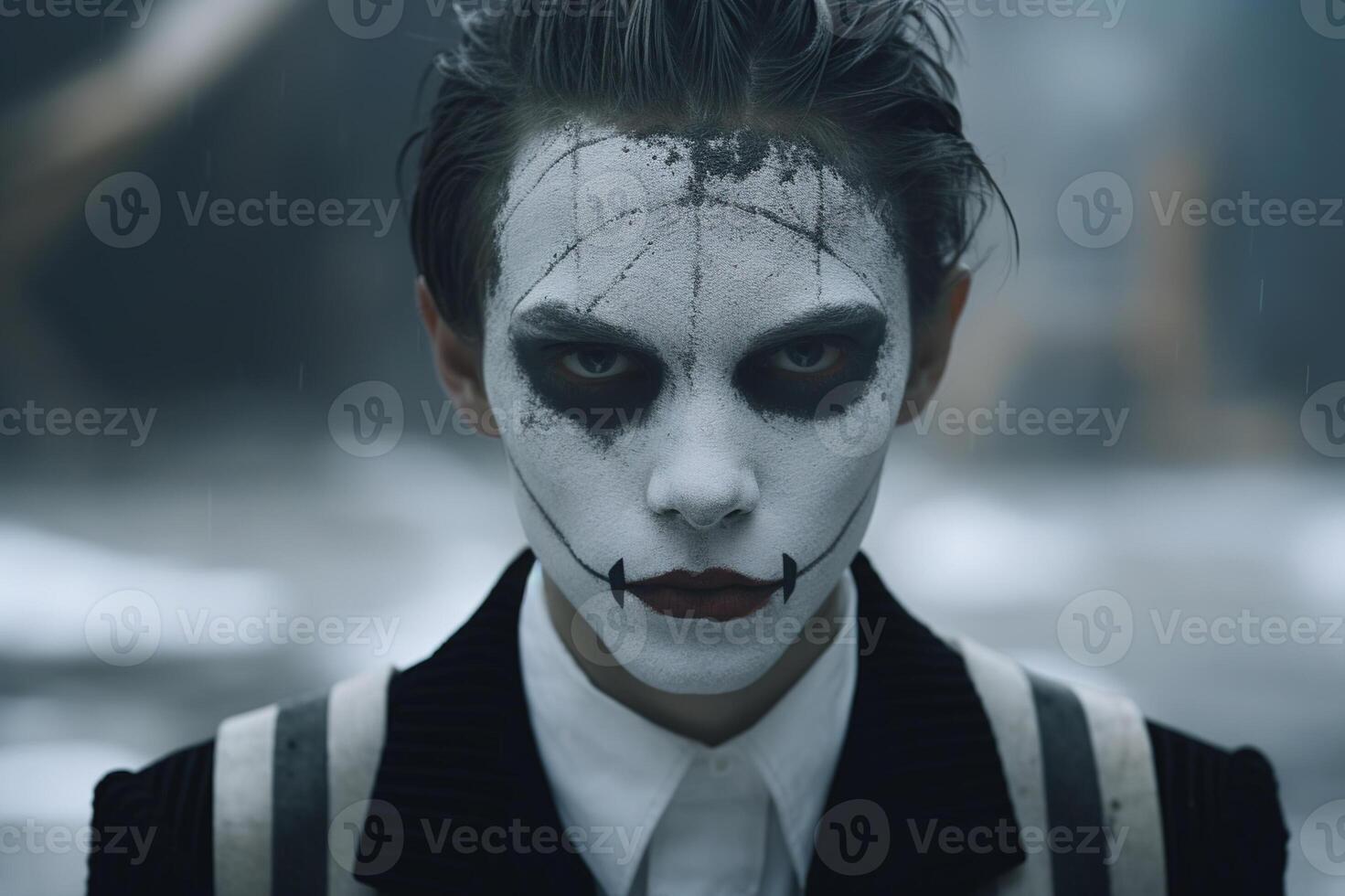 AI generated A Mysterious Man in a Dapper Suit and White Makeup, Exuding Elegance and Intrigue Created With Generative AI Technology photo