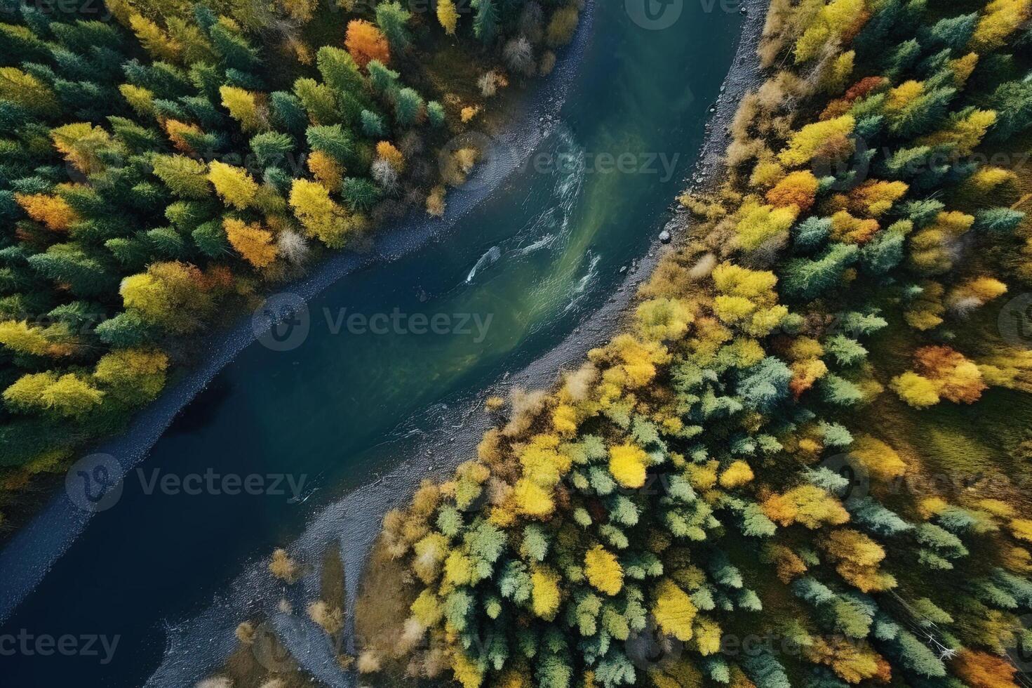 AI generated An Aerial Perspective of a Serene River Flowing Through a Verdant Forest Canopy Created With Generative AI Technology photo