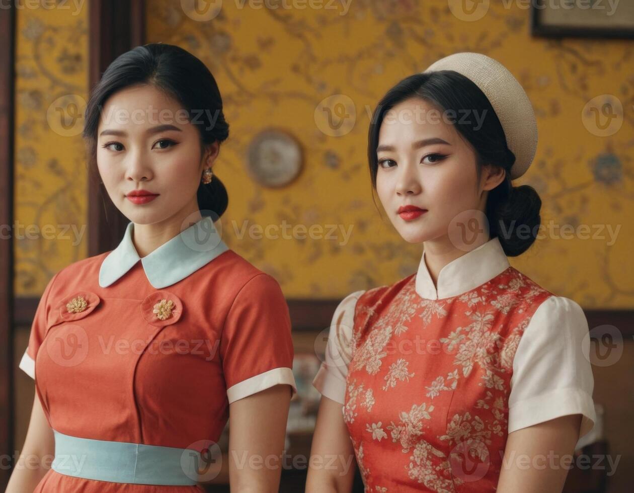 AI generated Retro image of two young Asian women. AI generation photo