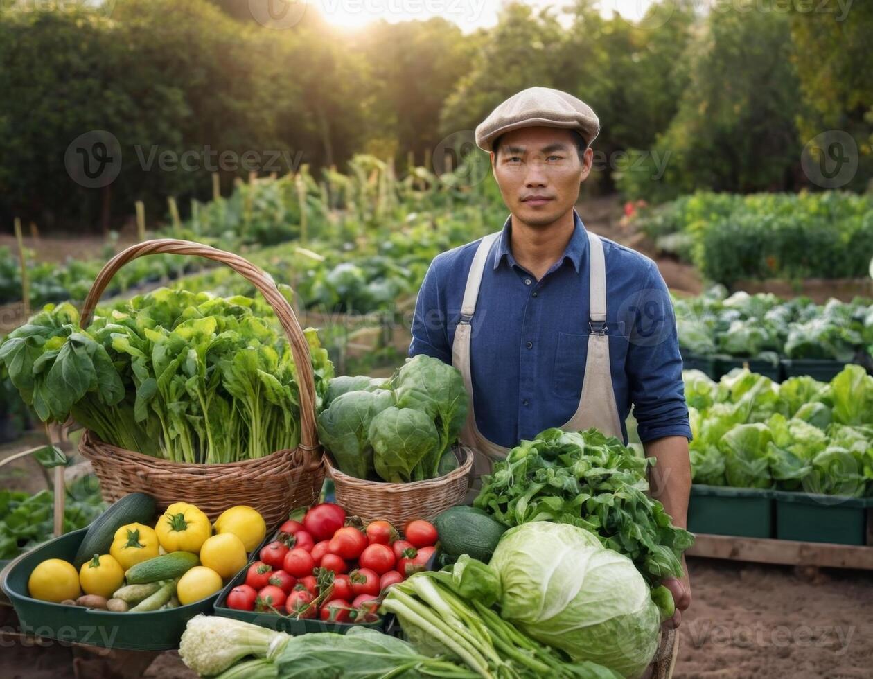 ai generado retrato de un granjero en el jardín. ai generación. foto