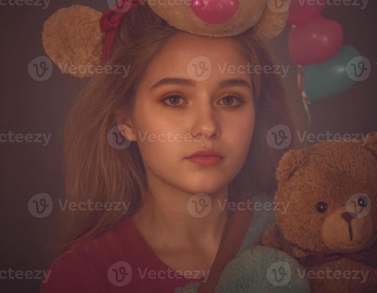 AI generated Portrait of a girl with a toy bear. photo