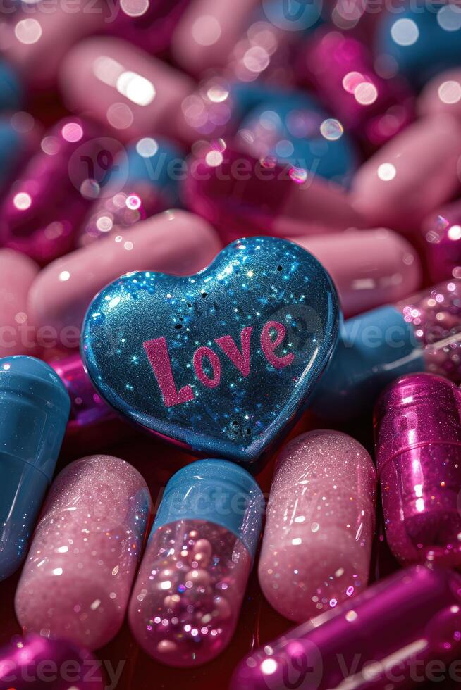 AI generated Heart-Shaped Candy or pills Spelling Love photo