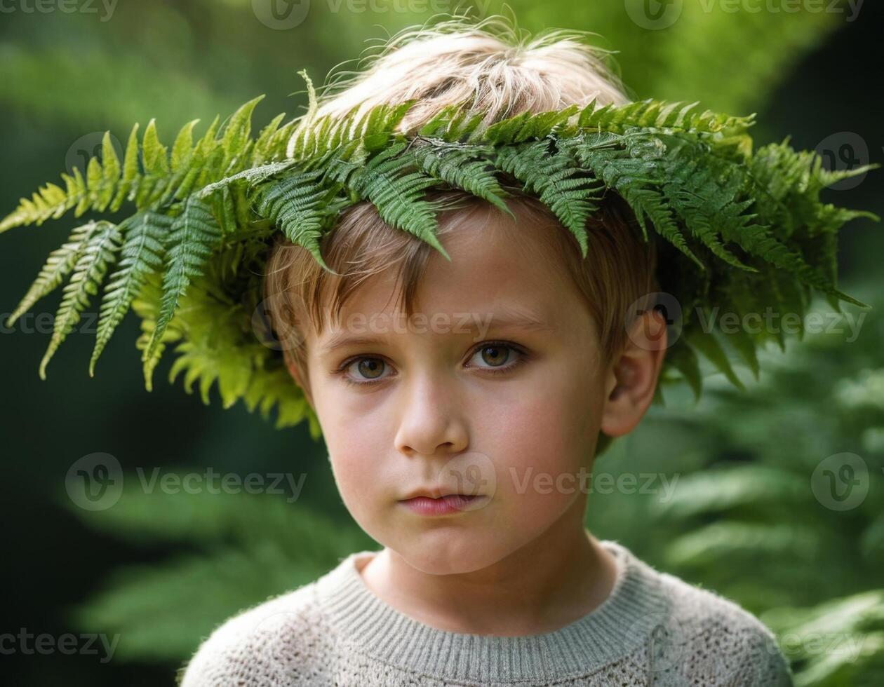 AI generated A little boy with a wreath on his head. photo