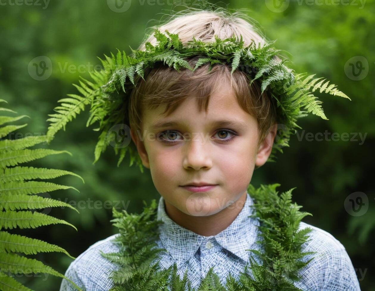 AI generated A little boy with a fern on his head. photo