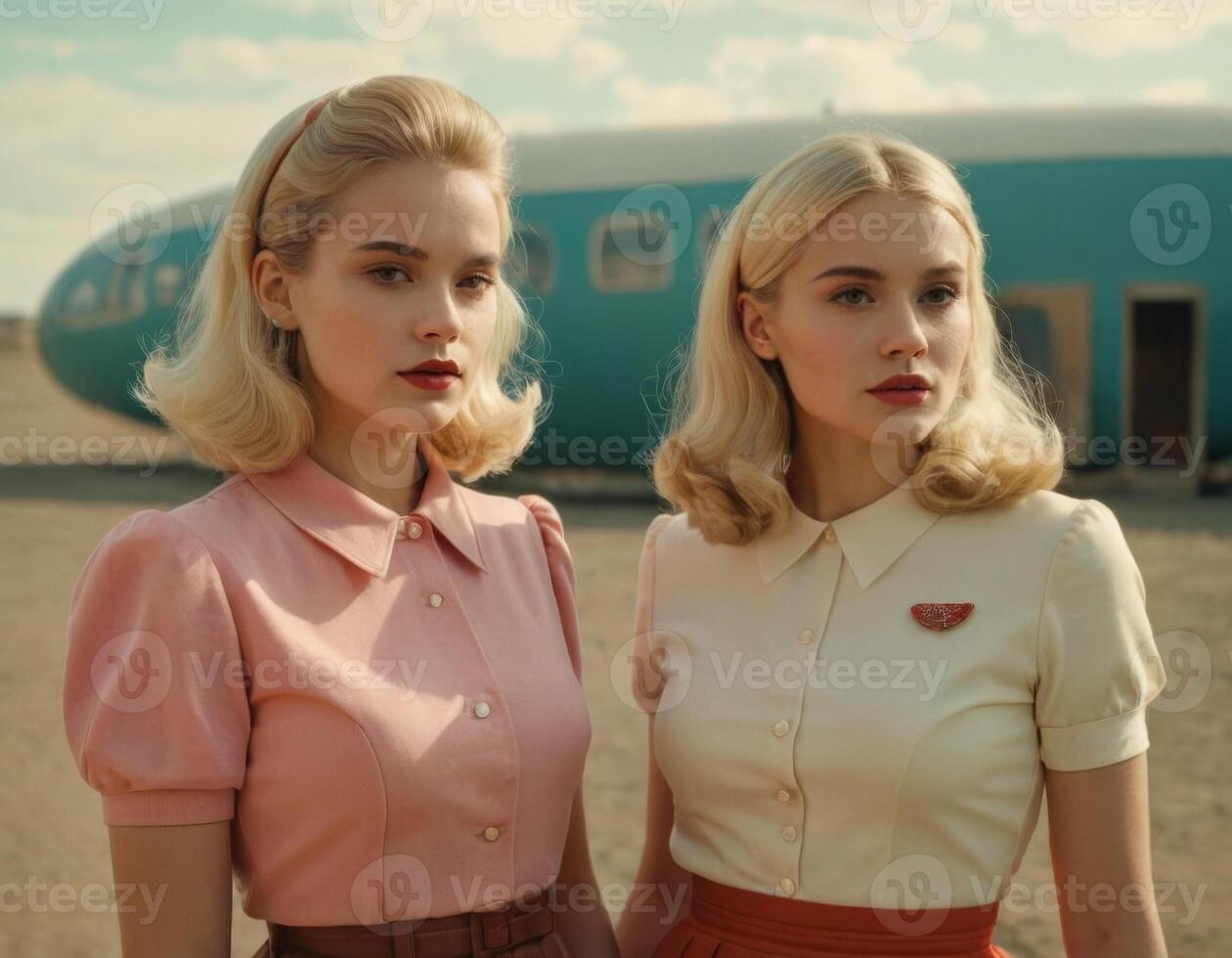 AI generated Retro image of two young women. AI generation photo