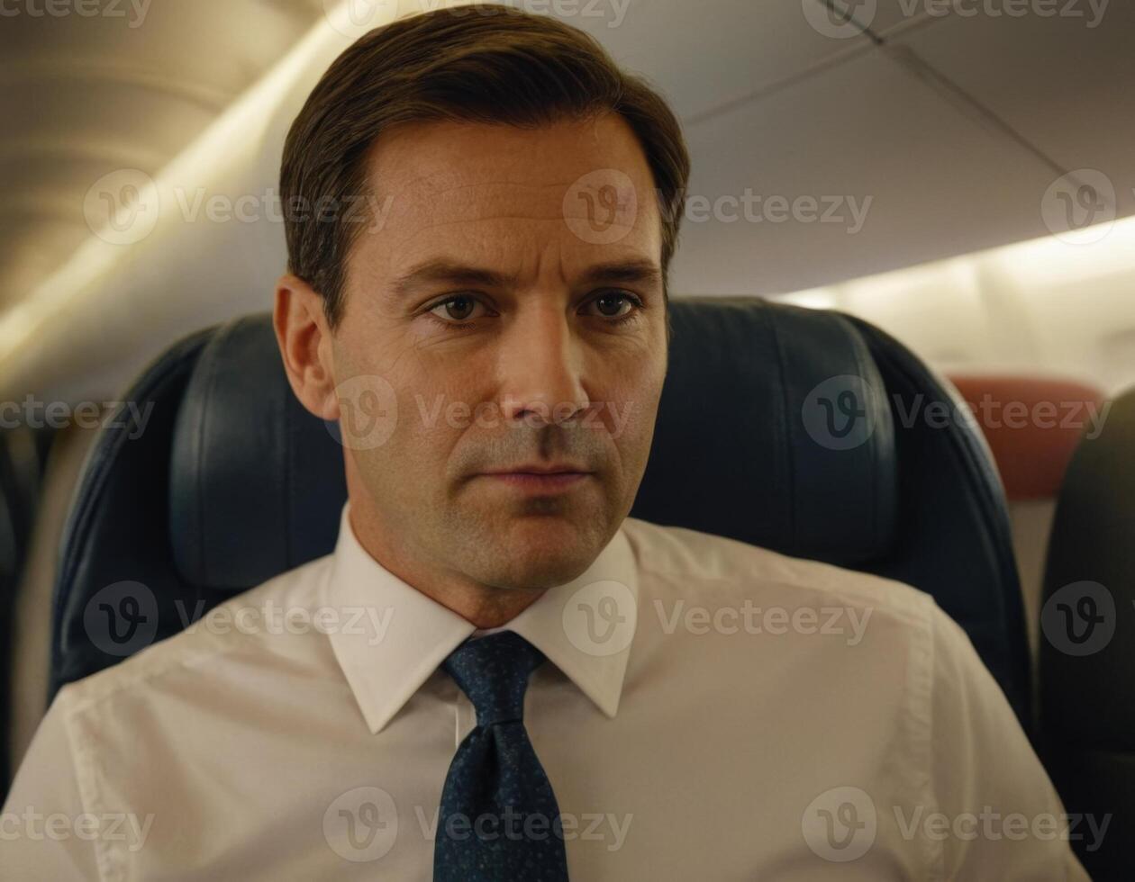 AI generated Portrait of a man in a shirt in the interior of an airplane. photo
