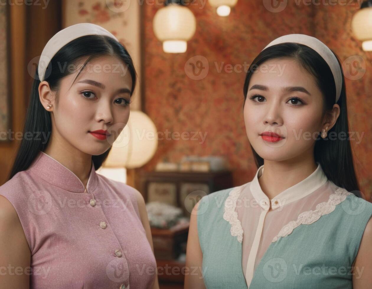 AI generated Retro image of two young women. AI generation photo