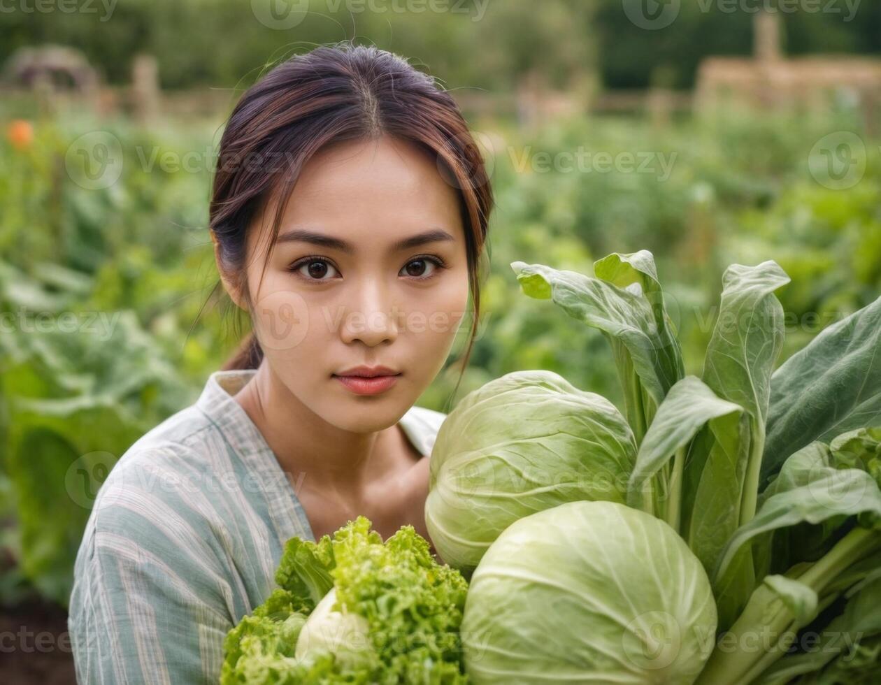 AI generated Portrait of a young woman with a harvest of vegetables in the garden. AI generation photo