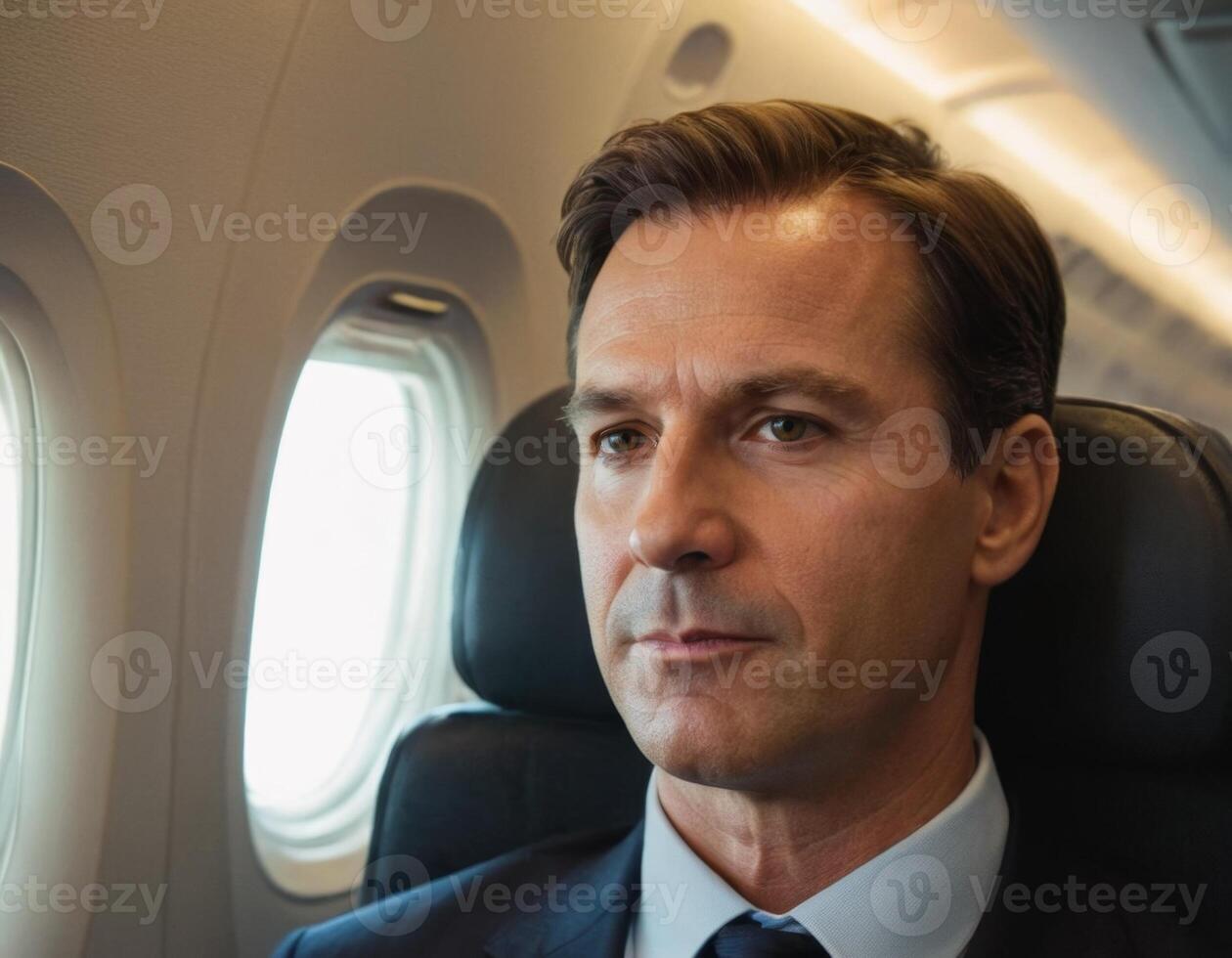 AI generated Portrait of a business man in a suit in the cabin of an airplane. photo