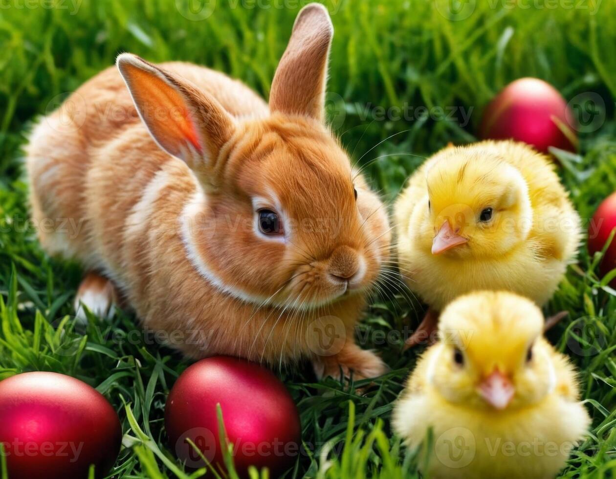 AI generated Easter bunny and little chick on a green meadow. photo