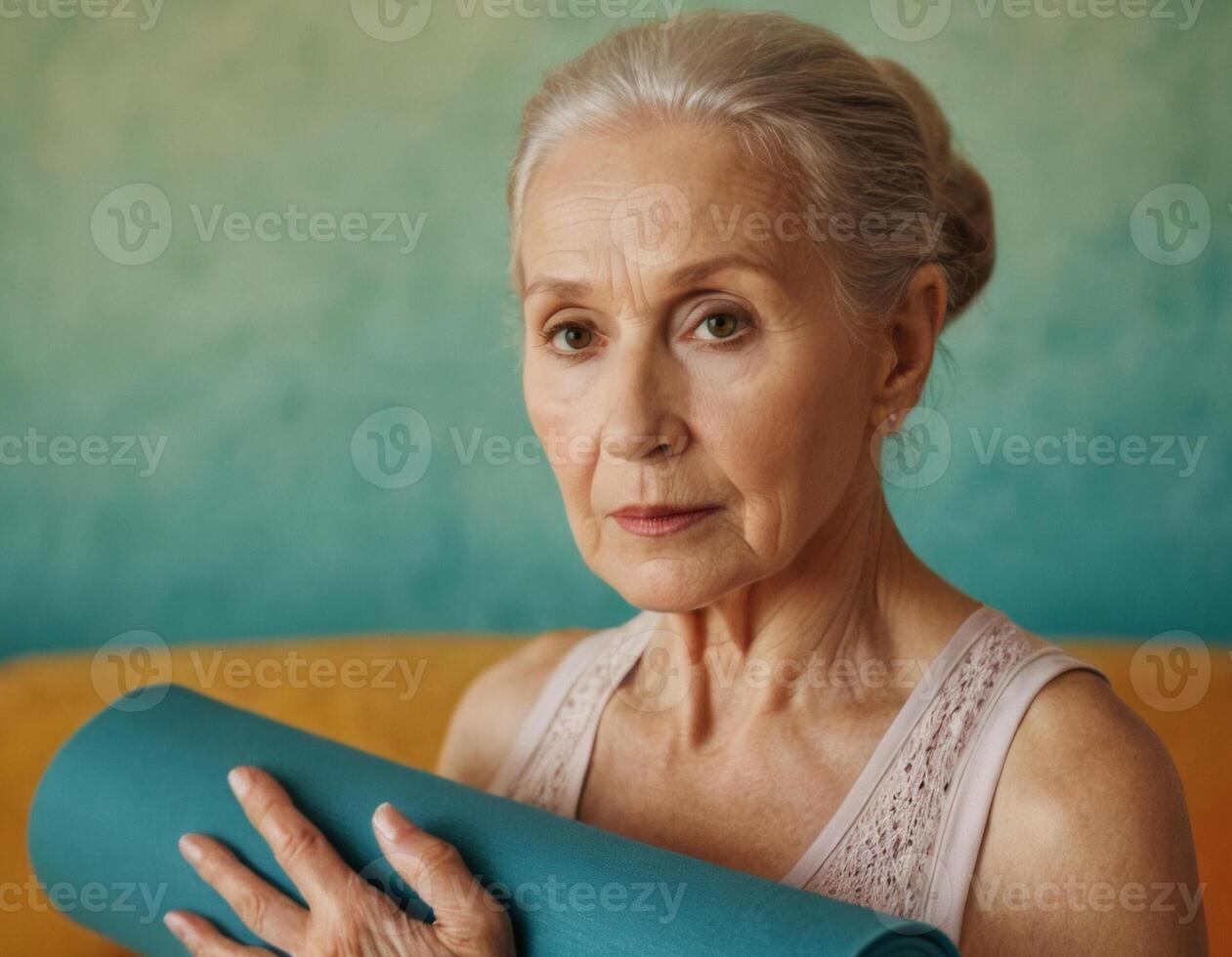 ai generado retrato de un mayor mujer con un yoga estera. foto
