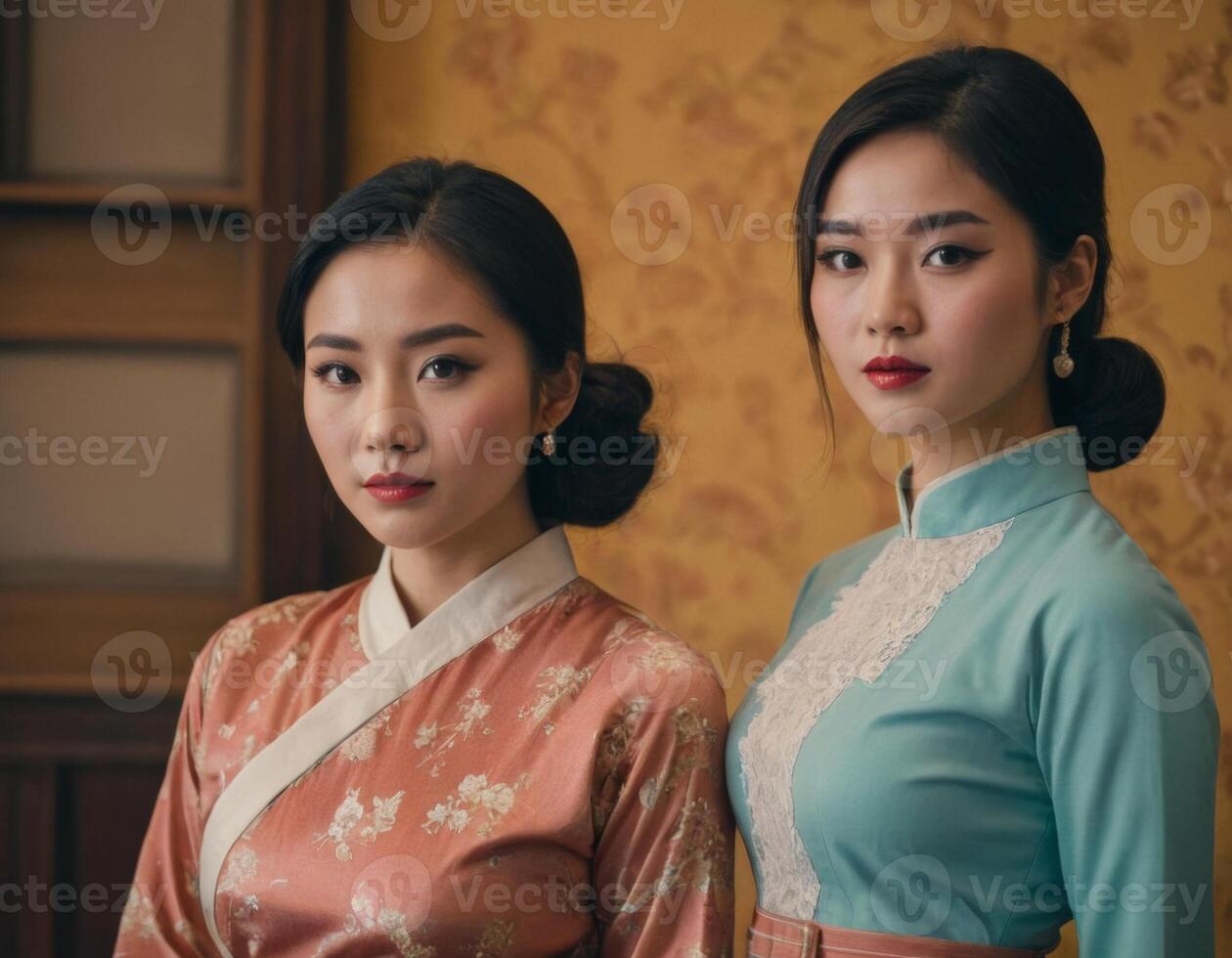 AI generated Retro image of two young Asian women. AI generation photo