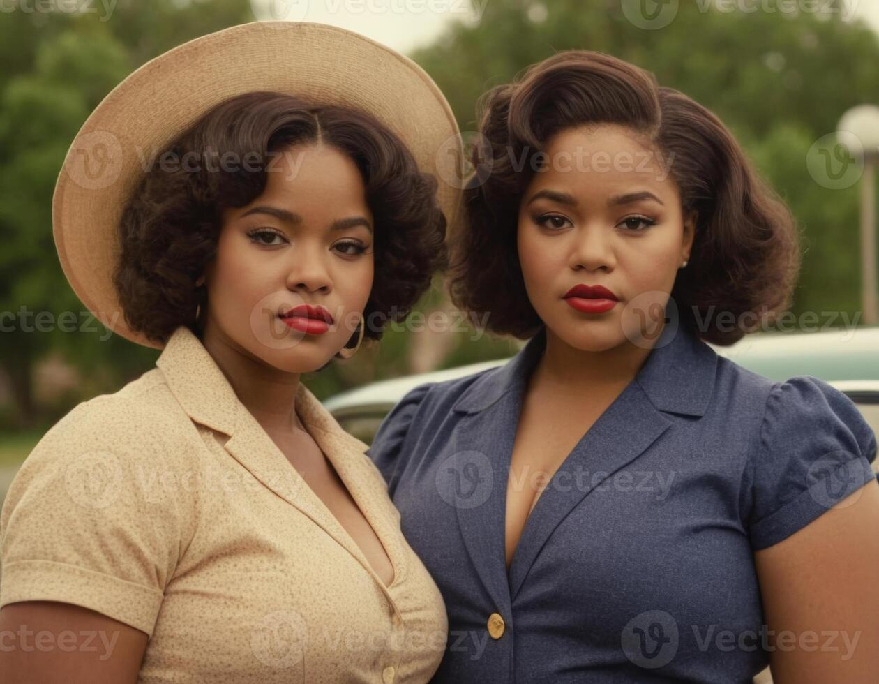 AI generated Retro image of two young women. AI generation photo