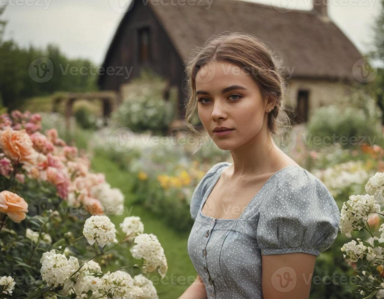 AI generated Portrait of a young woman with a harvest of vegetables in the garden. AI generation photo