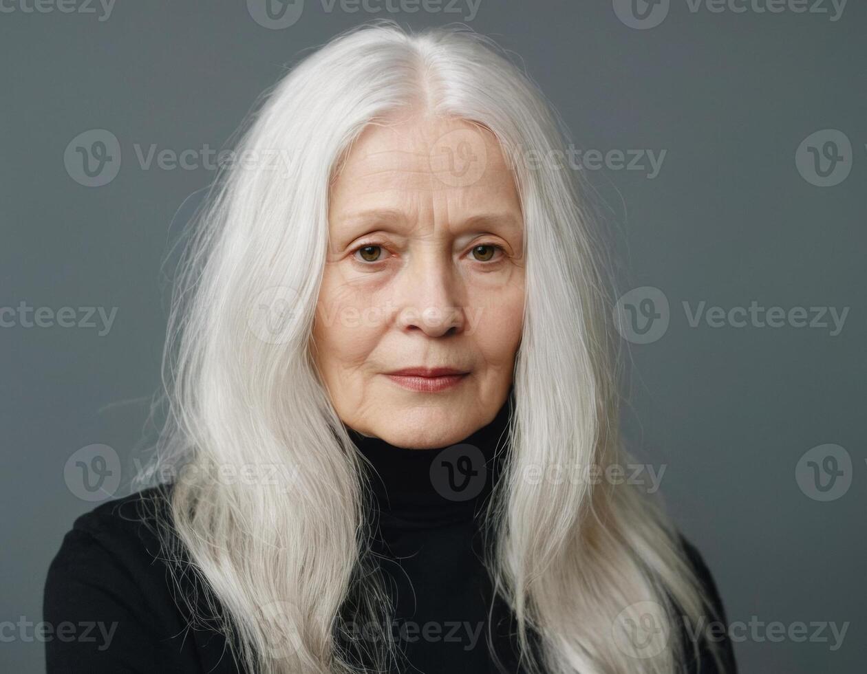 AI generated An elderly woman in black clothes. Portrait of a minimalist. photo