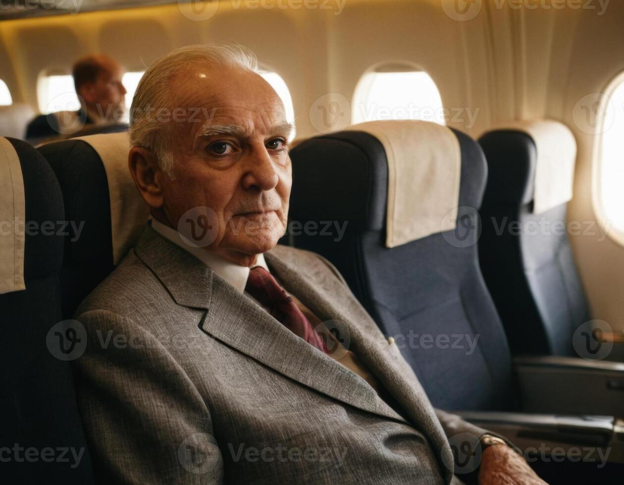 AI generated An image of a respectable elderly man in a classic suit in the interior of an airplane cabin. photo
