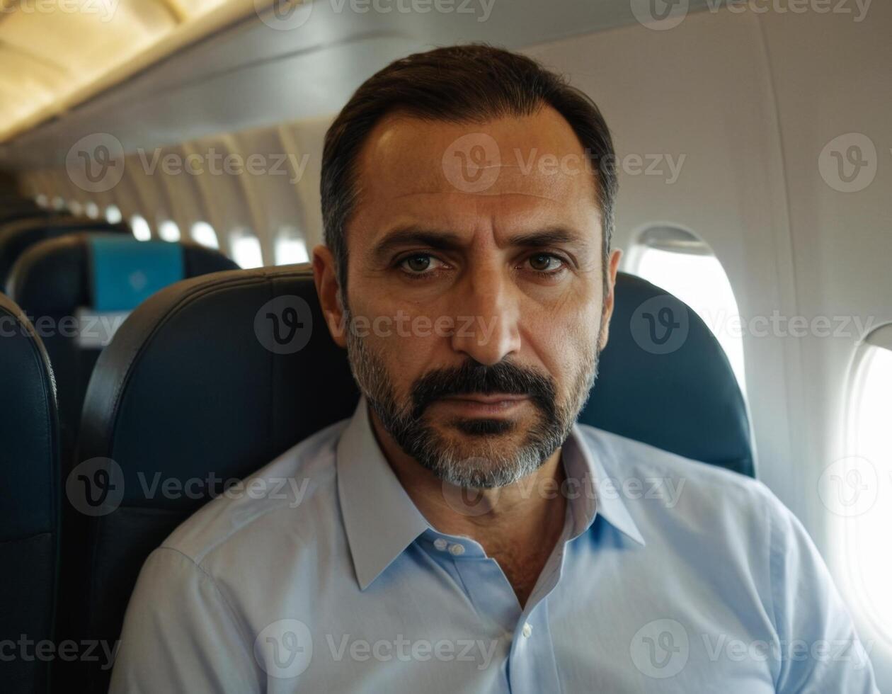 AI generated Portrait of a sad Armenian man in a classic shirt on an airplane. photo