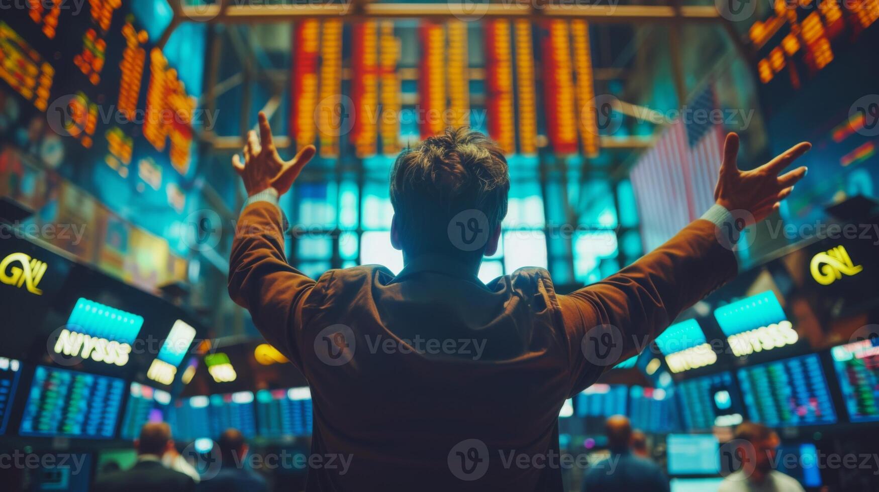 AI generated A bustling stock exchange floor during peak trading hours, traders gesturing wildly with digital stock tickers flashing in the background photo