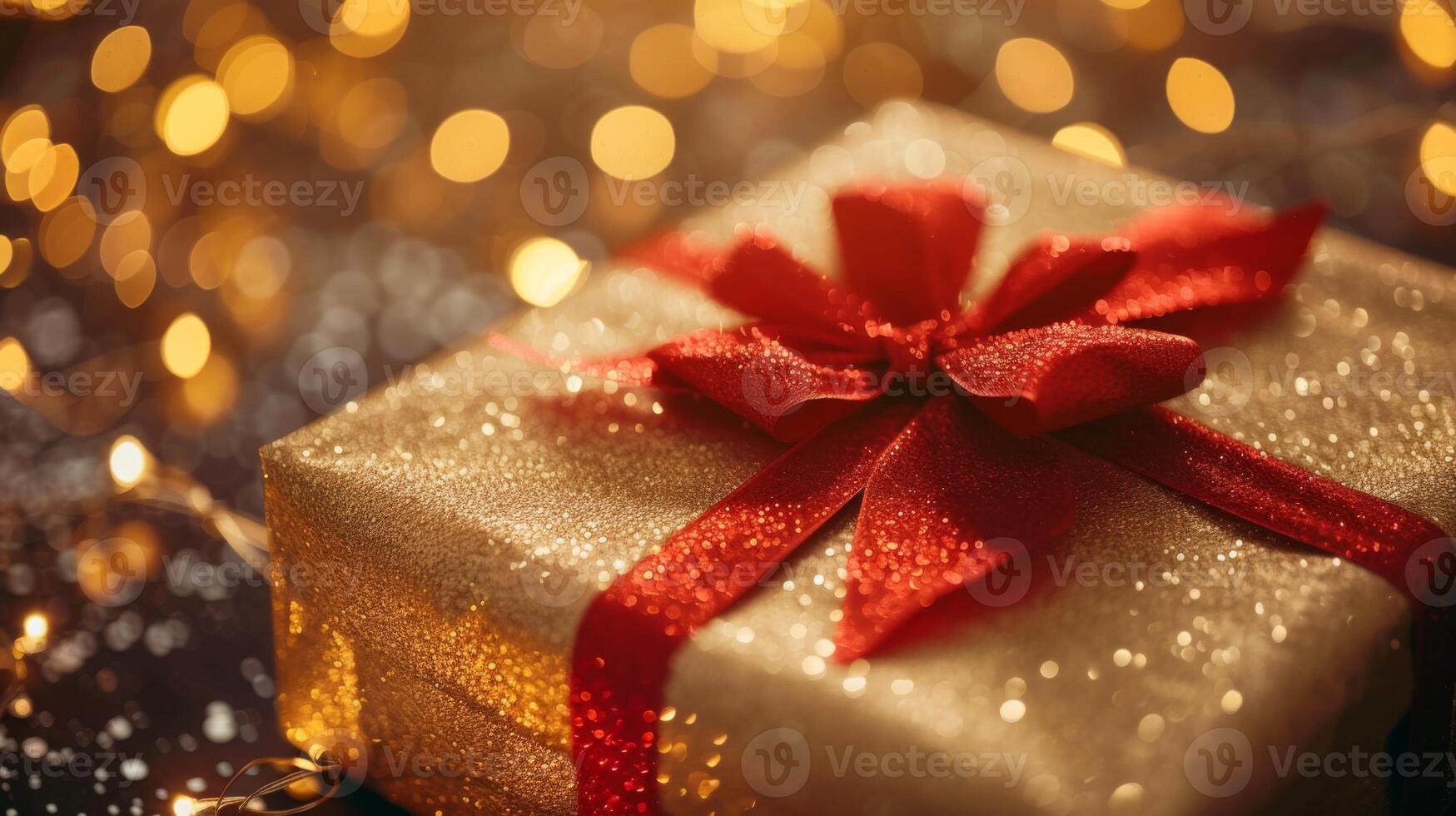 AI generated a beautifully wrapped anniversary gift in soft, golden wrapping paper, adorned with a luxurious red bow, The scene captures the warmth and excitement of congratulations. photo