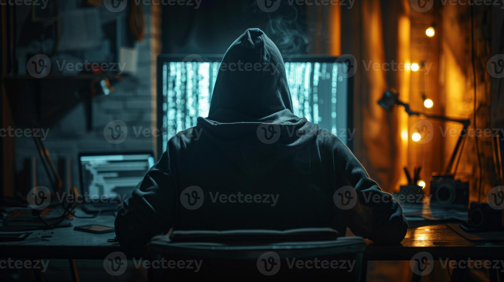 AI generated Hacker in a black hoodie sitting in front of a computer with code running across the screen, depicting an internet ransomware virus attack, the room lit only by the glow of the screen photo