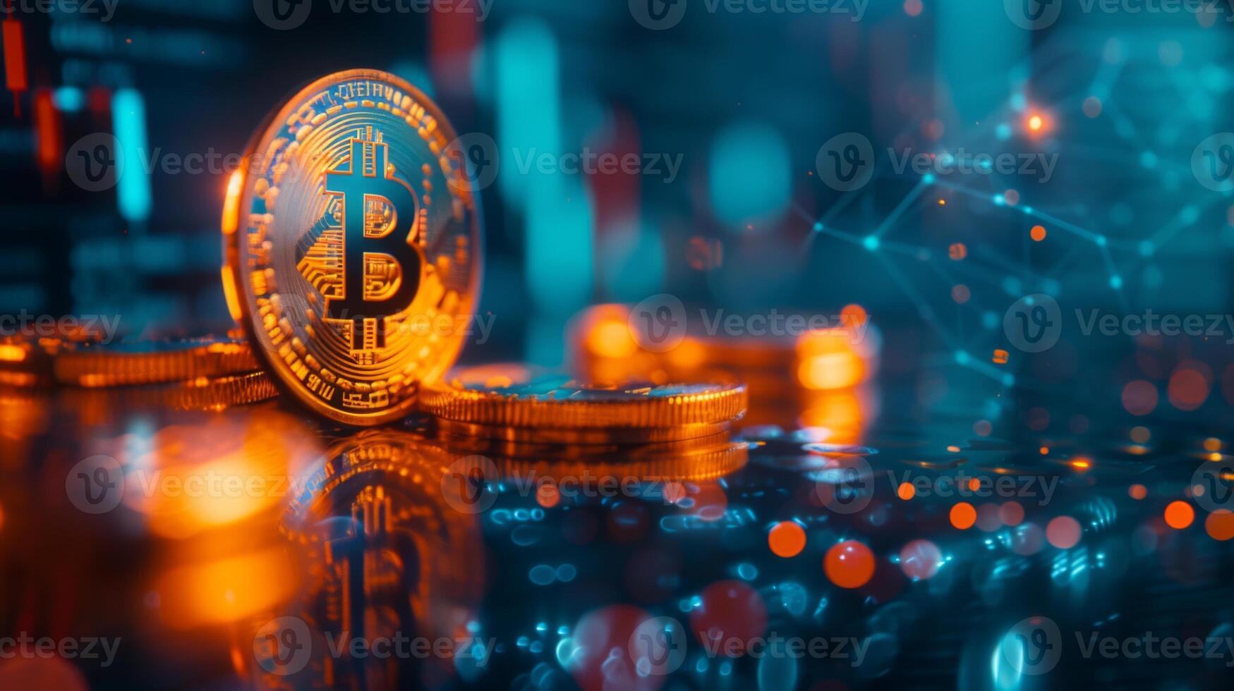 AI generated Cryptocurrency coins like Bitcoin and Ethereum placed on a reflective surface, with digital graphs and blockchain patterns projected onto them, focusing on the tangible value photo