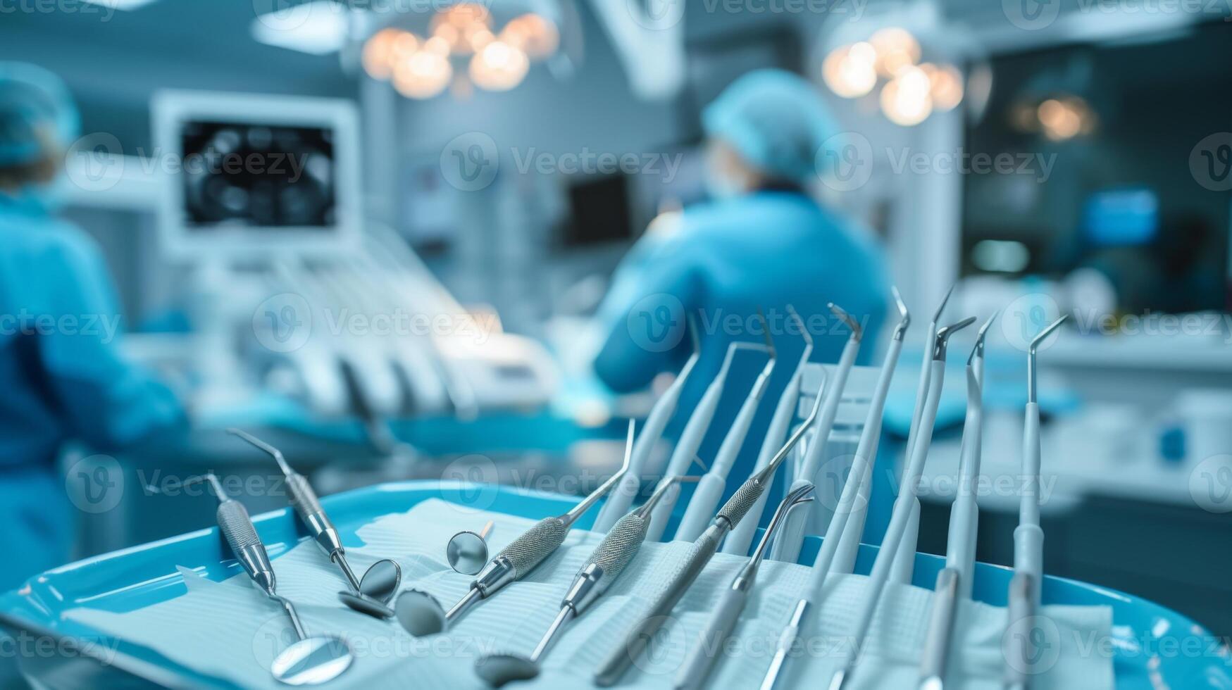 AI generated Close-up of dental tools neatly arranged on a tray, with the dentist preparing for a treatment in the background, emphasizing the sterile and professional setup photo