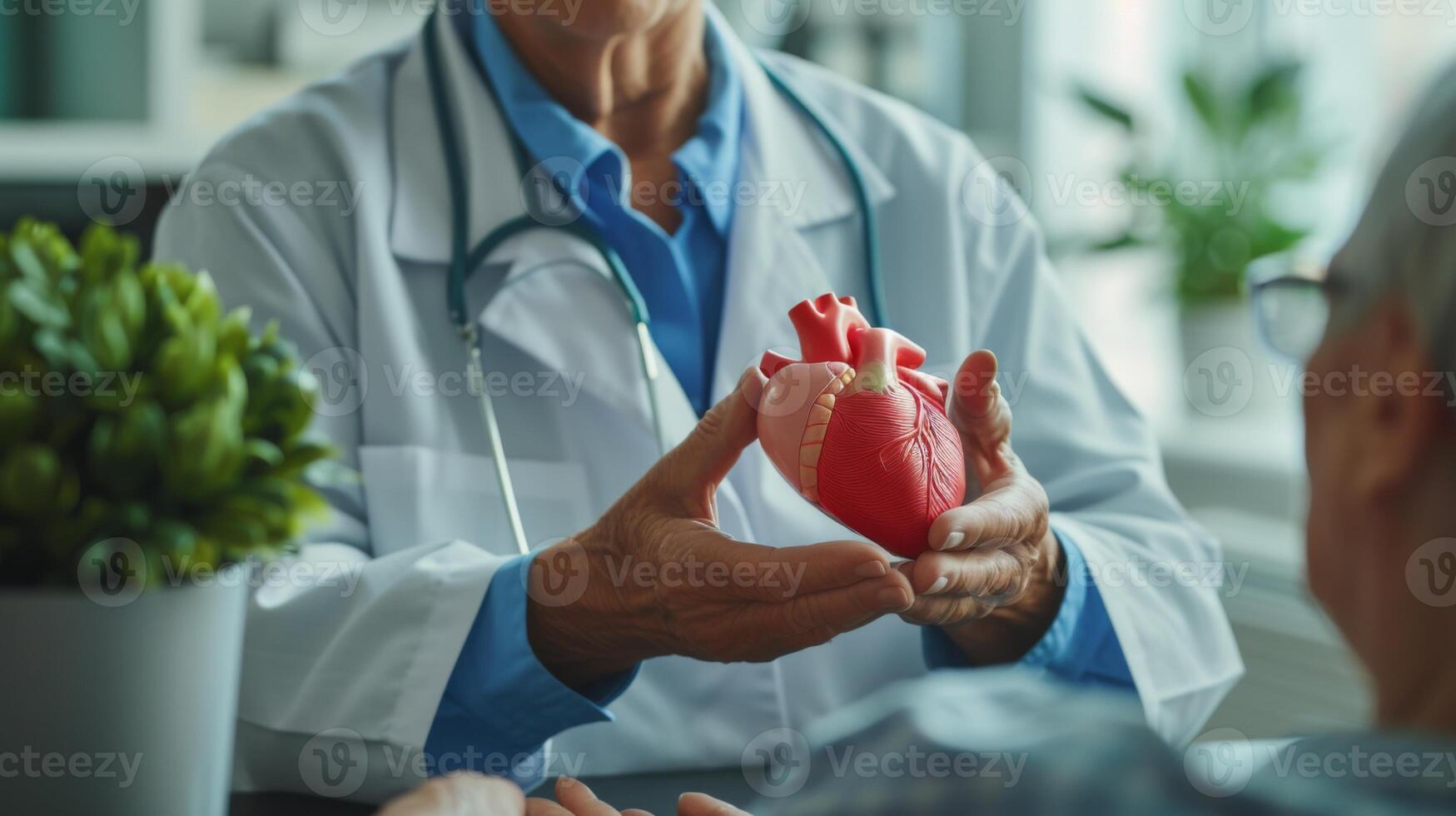 AI generated Close-up of a doctor consulting with an elderly patient about heart health, showing a heart model and explaining preventative measures against heart disease photo
