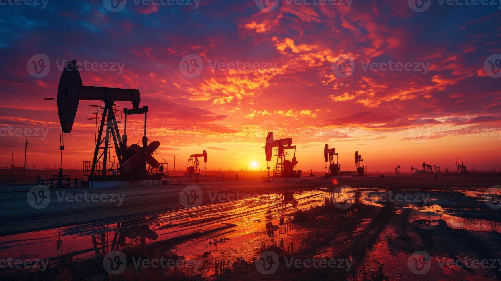 AI generated a powerful scene of a vast oil field at dusk, featuring an oil dispenser and multiple oil pumps photo