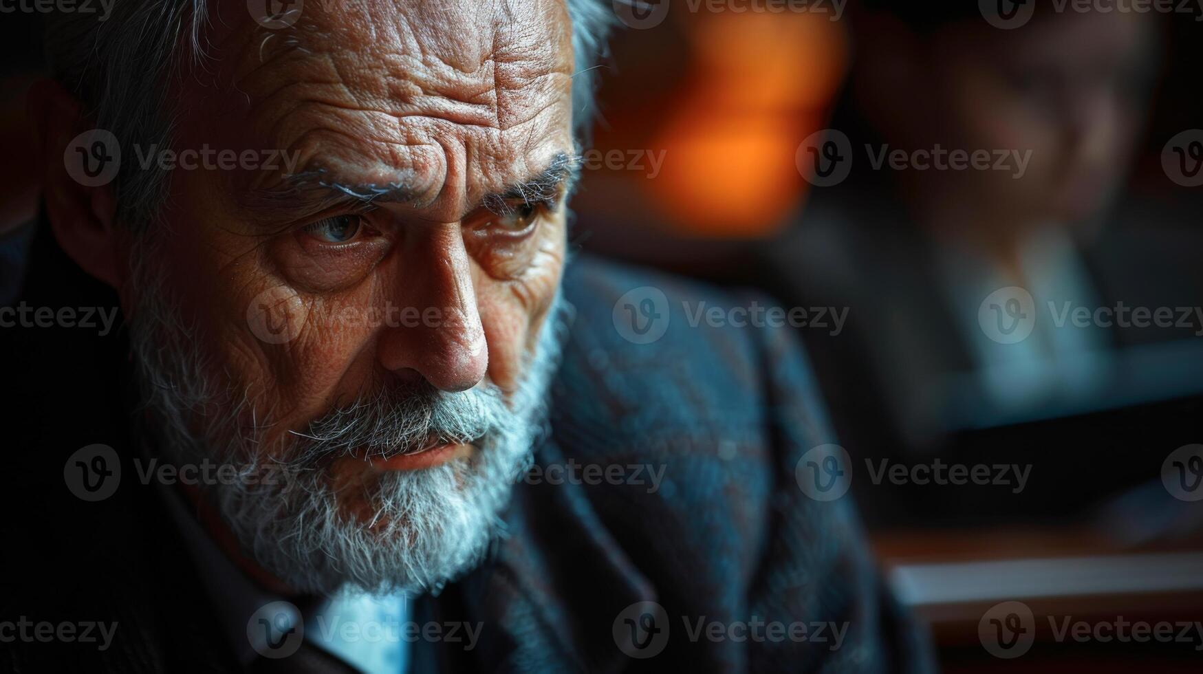 AI generated Close-up on a lawyer's face, deep in thought during a court session, background softly blurred showing courtroom elements, dramatic and serious atmosphere photo