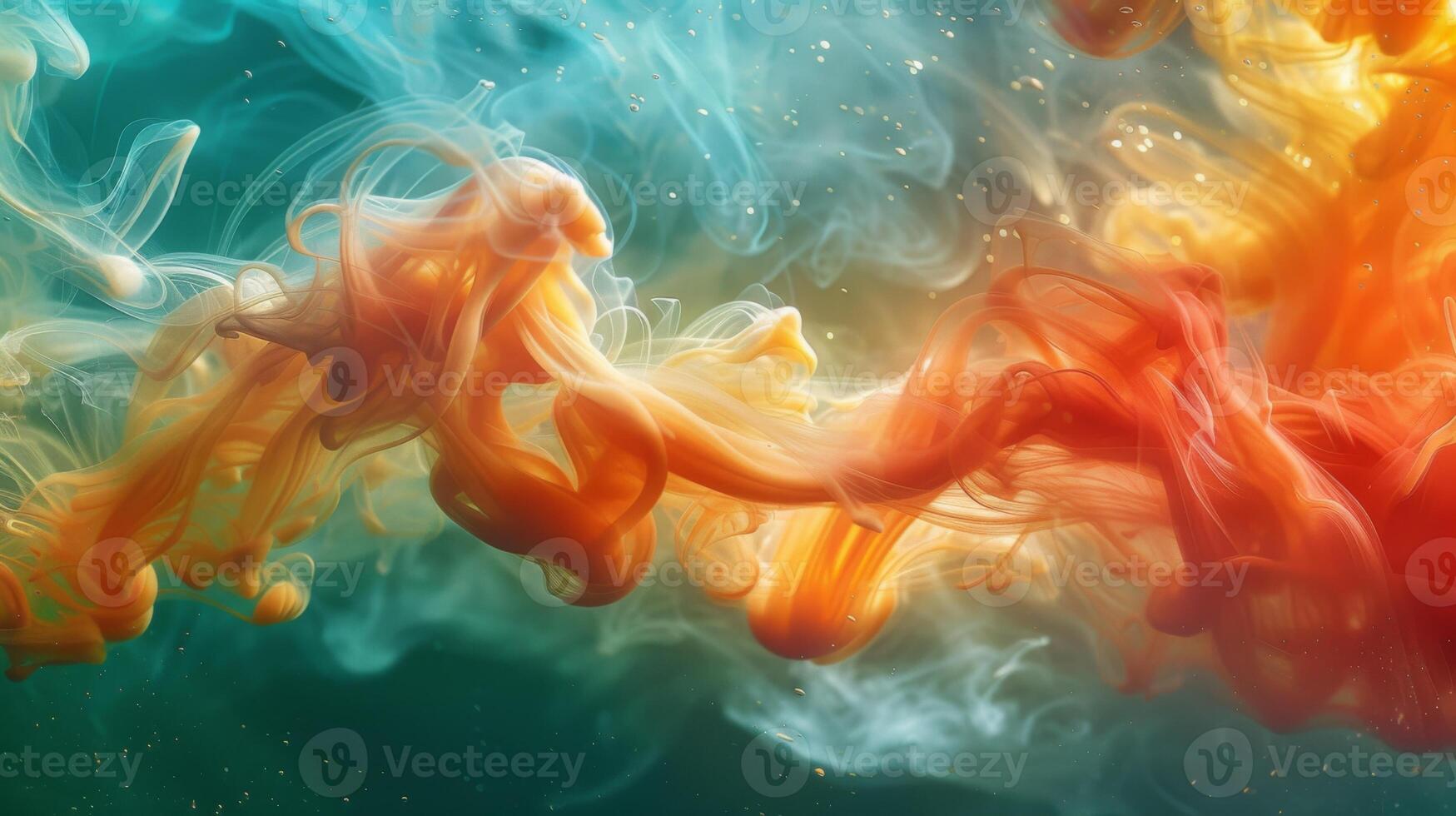 AI generated Majestic swirls of red and gold smoke flowing under water, each twist and turn highlighted by shimmering light reflections that give the scene a magical, otherworldly quality photo