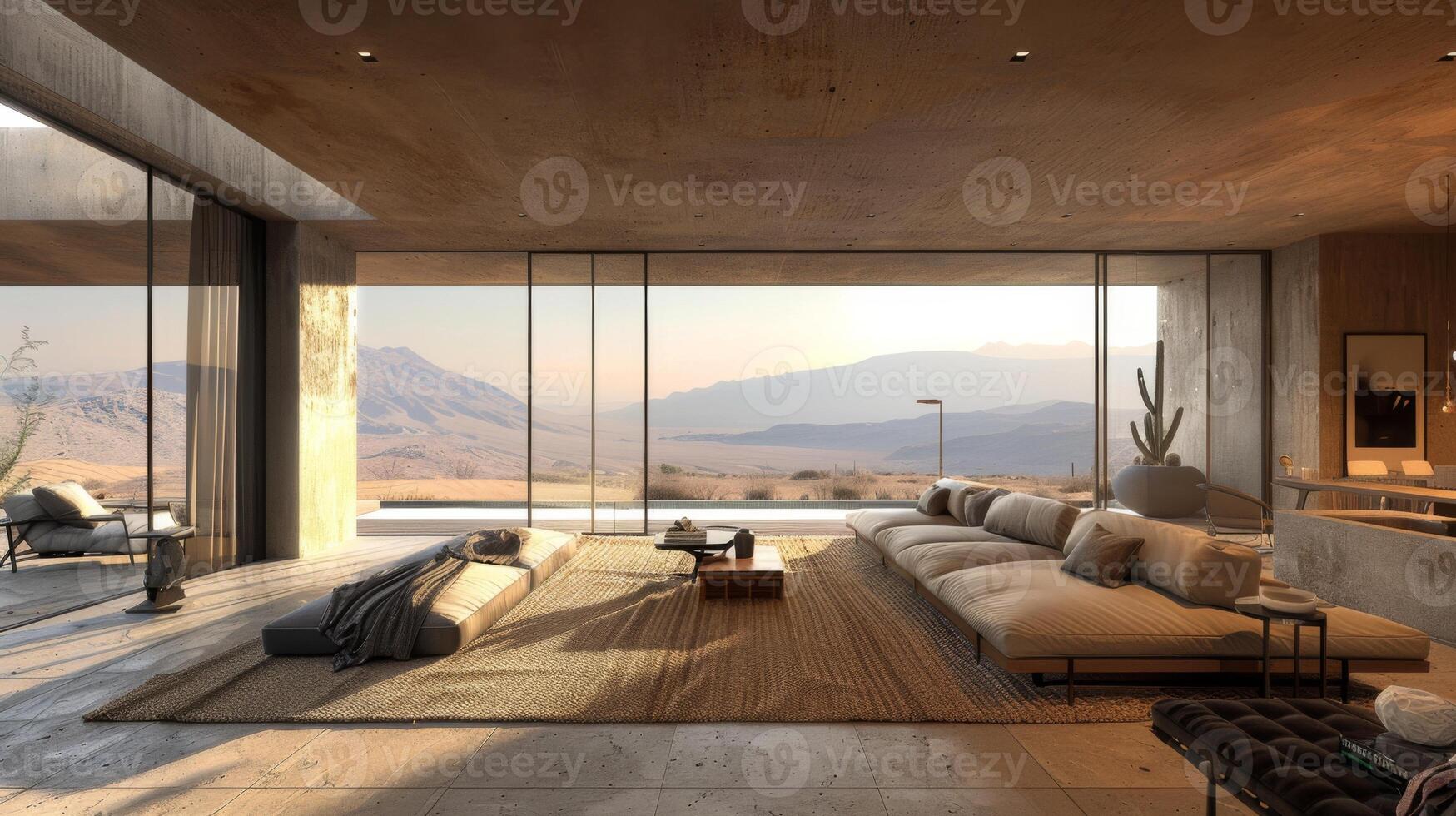 AI generated A minimalist living room that opens onto a serene desert landscape, where the room's design elements are pared down to essentials. photo