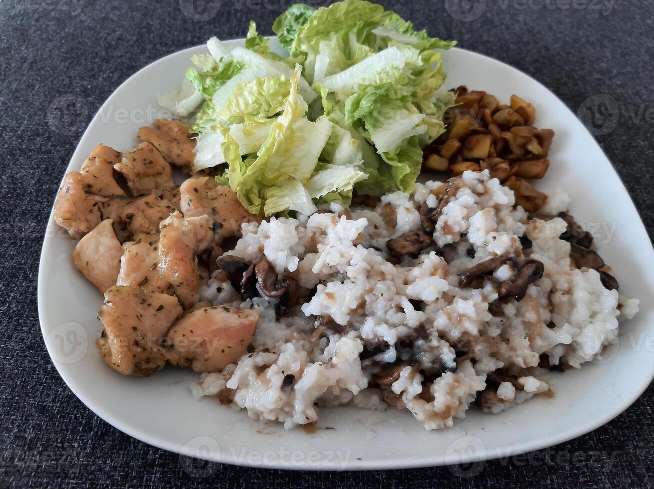 Homemade grilled chicken with grilled chopped eggplant, green salad, and rice Pilaf with mushrooms photo