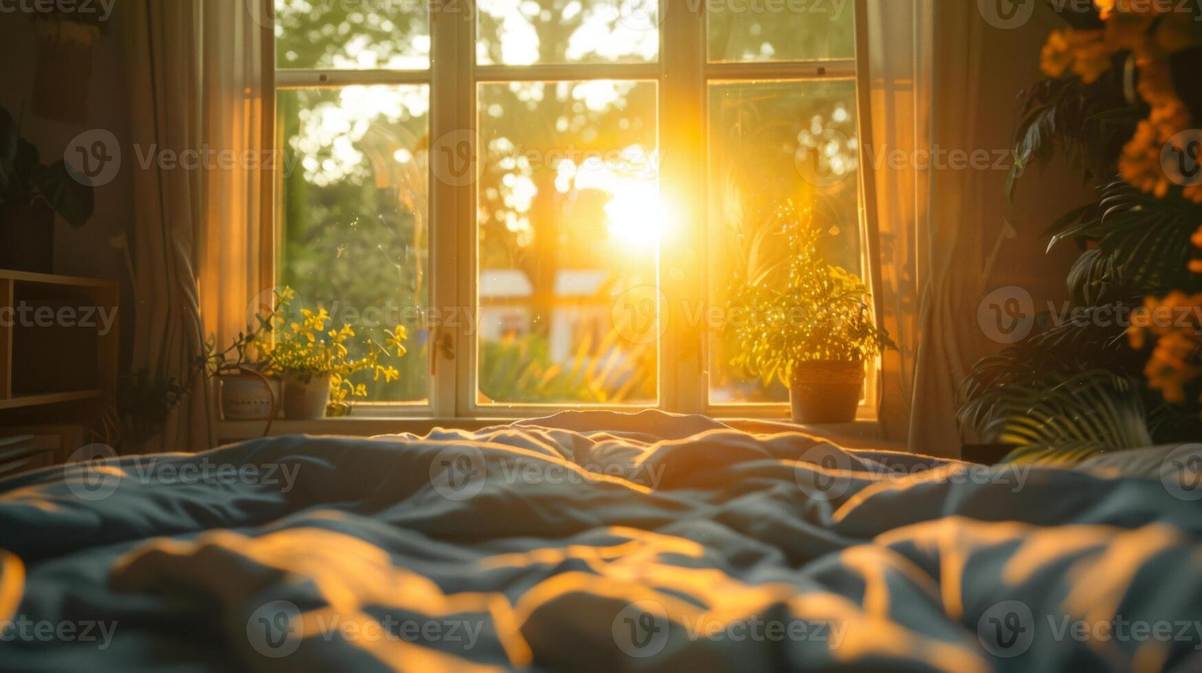 AI generated Vibrant close-up of a window in a bedroom, the morning sun peeking through, casting patterns on the bed and walls, encapsulating the quiet joy of waking up to sunlight photo