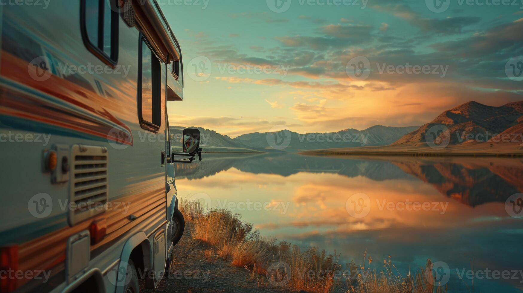 AI generated Close-up of an RV's side mirror reflecting a stunning view of a lake and mountains, capturing the essence of camping and adventure, soft morning light enhancing the serene landscape photo