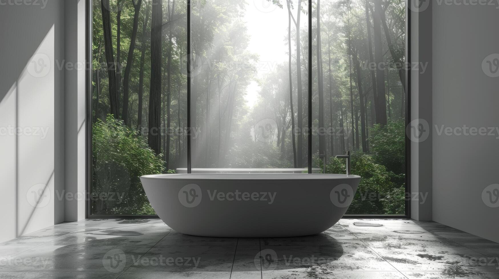 AI generated A minimalist bathroom designed with clean, sleek lines, featuring a large window that provides an unobstructed view of a serene forest. photo