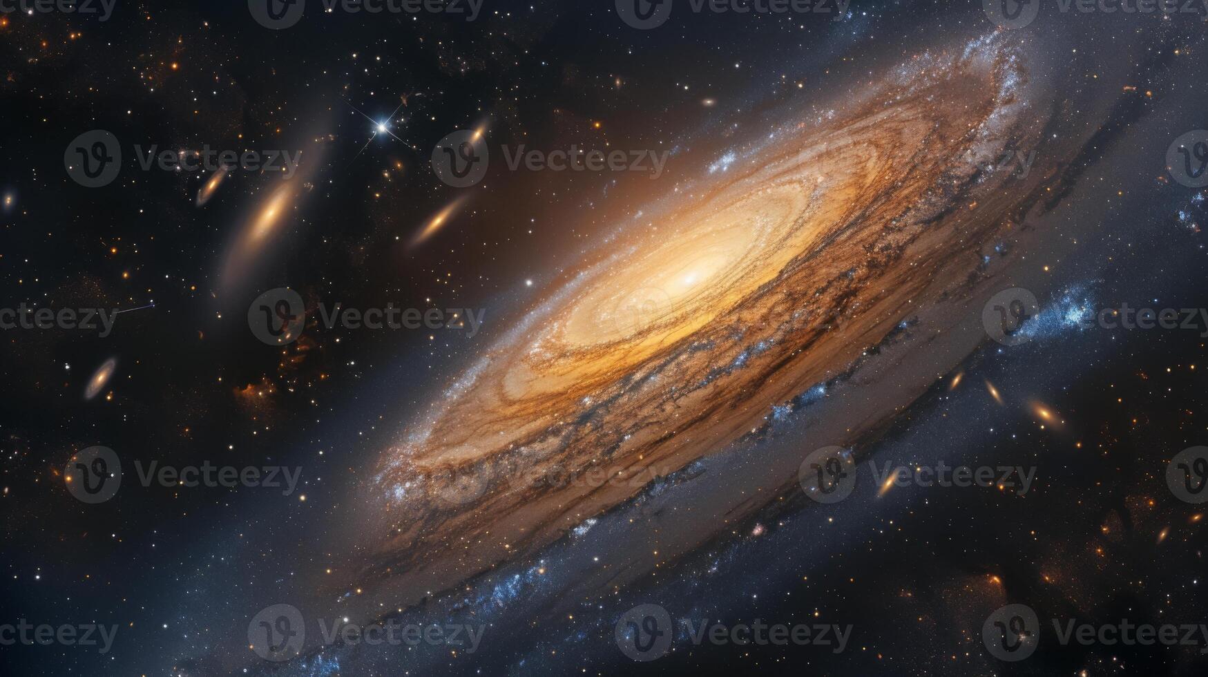 AI generated A panoramic view of the universe, where a massive spiral galaxy dominates the center, surrounded by millions of stars, with meteor showers adding a dynamic element photo