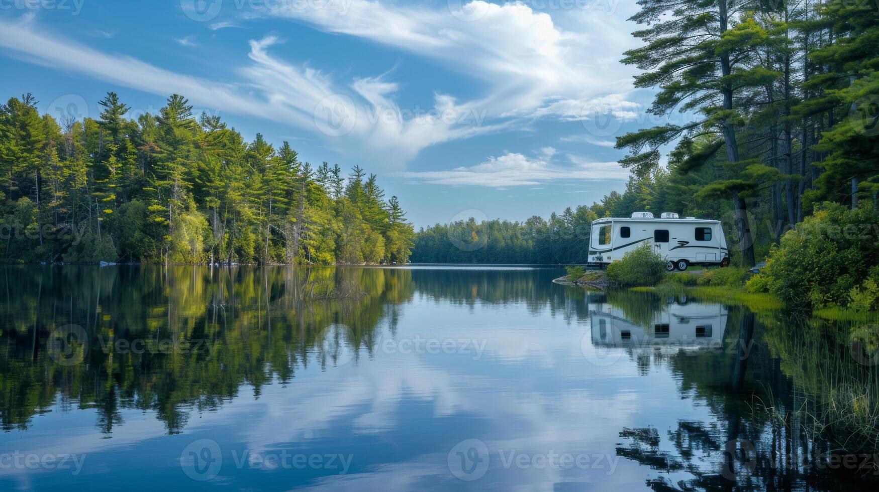 AI generated A serene scene of a modern RV parked at the edge of a tranquil lake photo