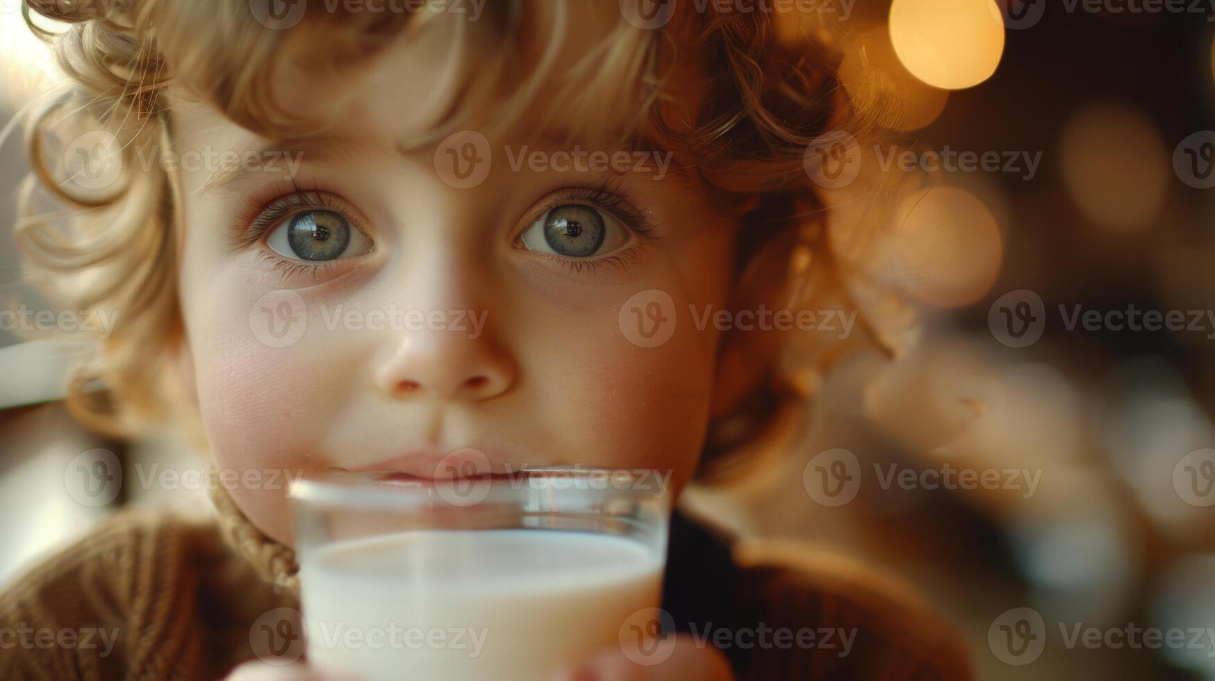 AI generated Cute little boy drinking milk from a glass in a cafe at Christmas time photo