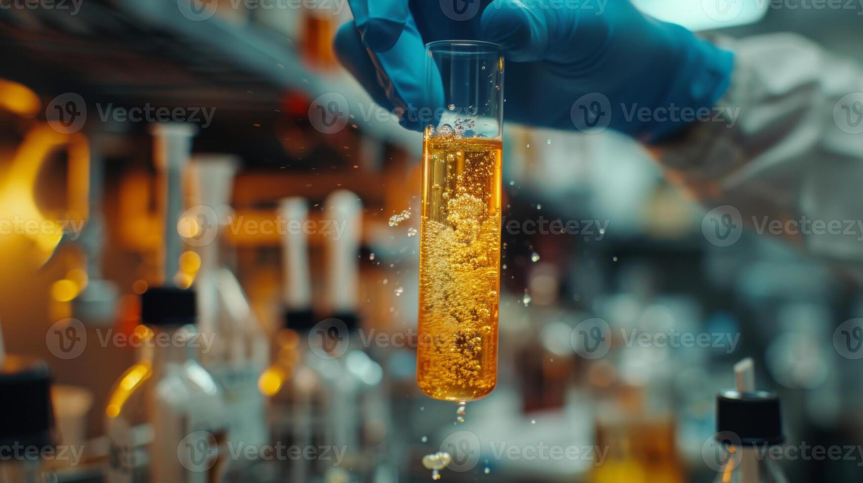 AI generated Close-up on a scientist's gloved hand holding a test tube with a bubbling, effervescent liquid, against the backdrop of a cluttered laboratory workbench photo