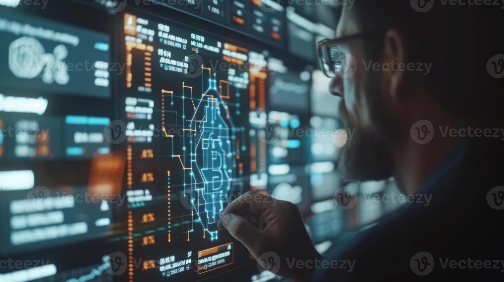 AI generated A business professional analyzing live cryptocurrency market data on a high-tech digital screen, reflecting the dynamic nature of digital currencies. photo