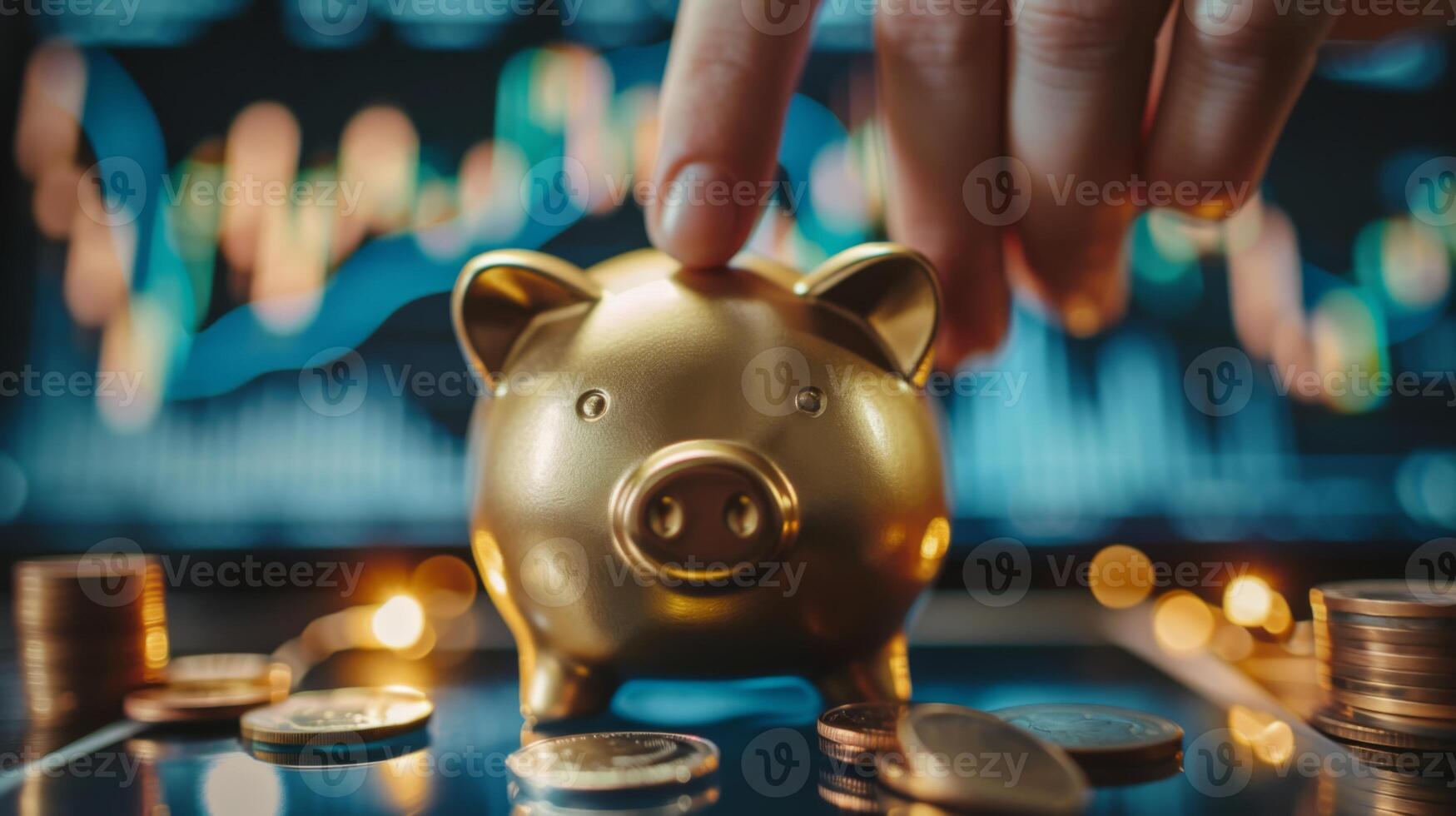 AI generated A close-up of a hand placing a gold coin into a piggy bank slot, with a digital tablet displaying stock market trends in the background. The contrast between traditional saving methods photo