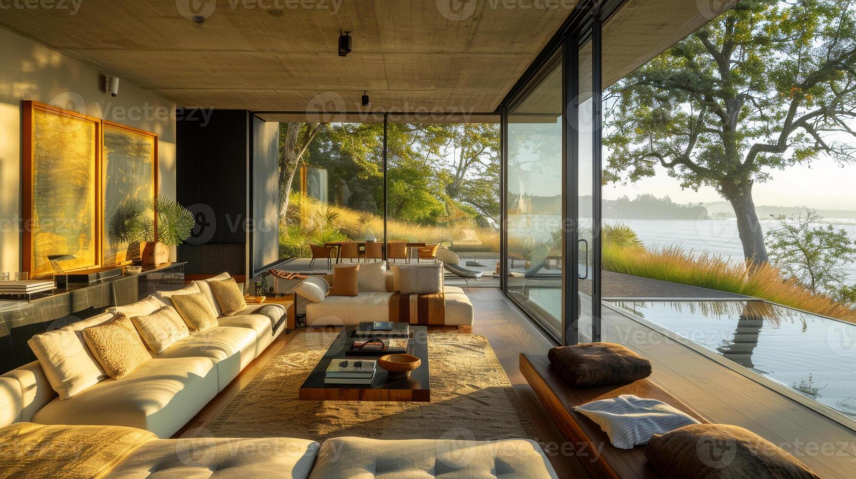 AI generated a close-up of the living area within a modern house, where floor-to-ceiling windows offer an unobstructed view of the natural landscape outside photo