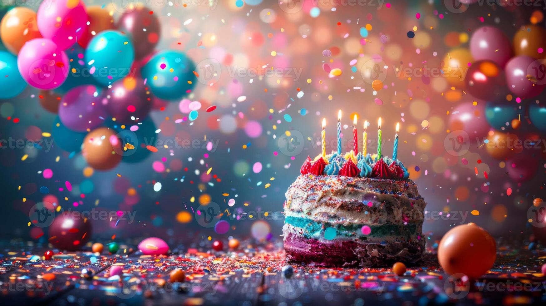 AI generated Birthday cake with candles and balloons on bokeh background. photo