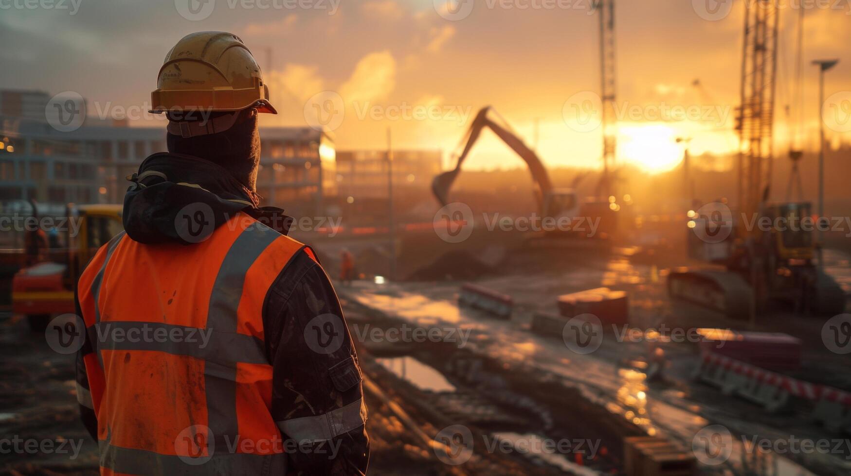 AI generated An engineer directing construction machinery at a building site, with steel structures being erected in the background, dynamic angle showing the scale of construction and leadership role photo