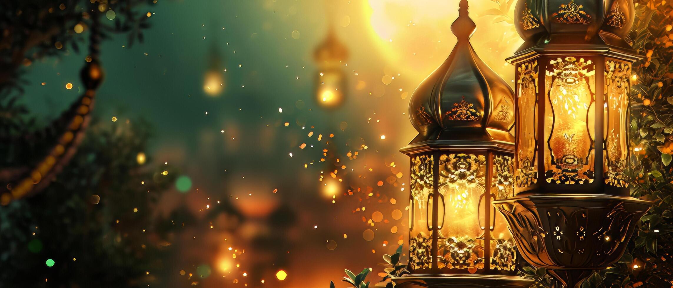 AI generated Luxury 3d lantern islamic festival background for ramadan kareem, eid al fitr, islamic holy month photo