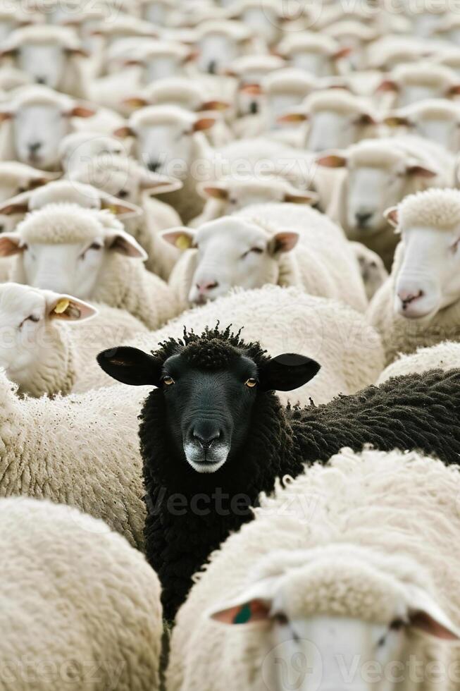 AI generated A Single Black Sheep Stands Out Amongst a Flock of White Counterparts in Rural Grazing Fields Created With Generative AI Technology photo